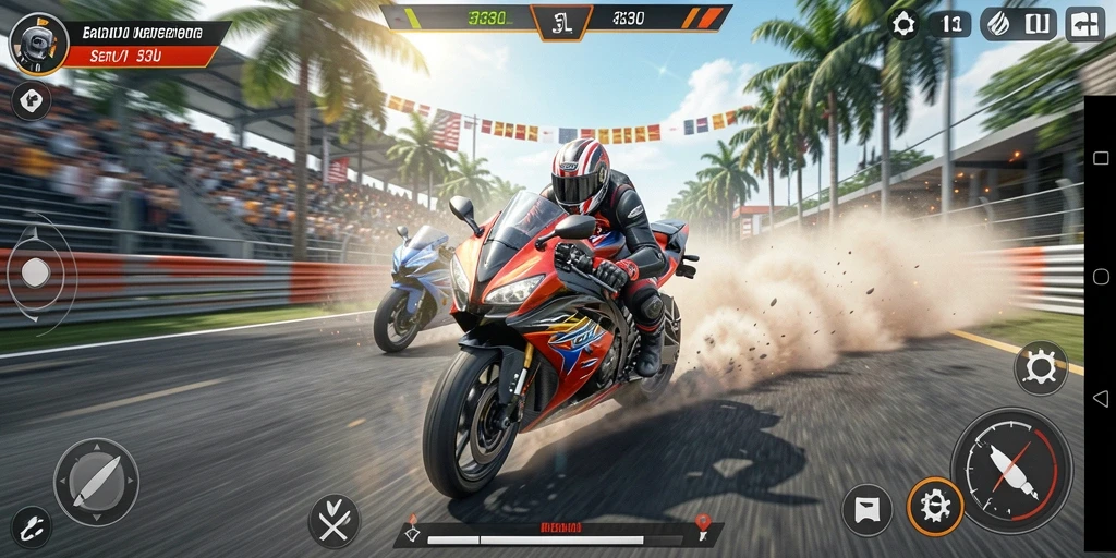Gameplay seru balapan motor di lintasan yang menantang.