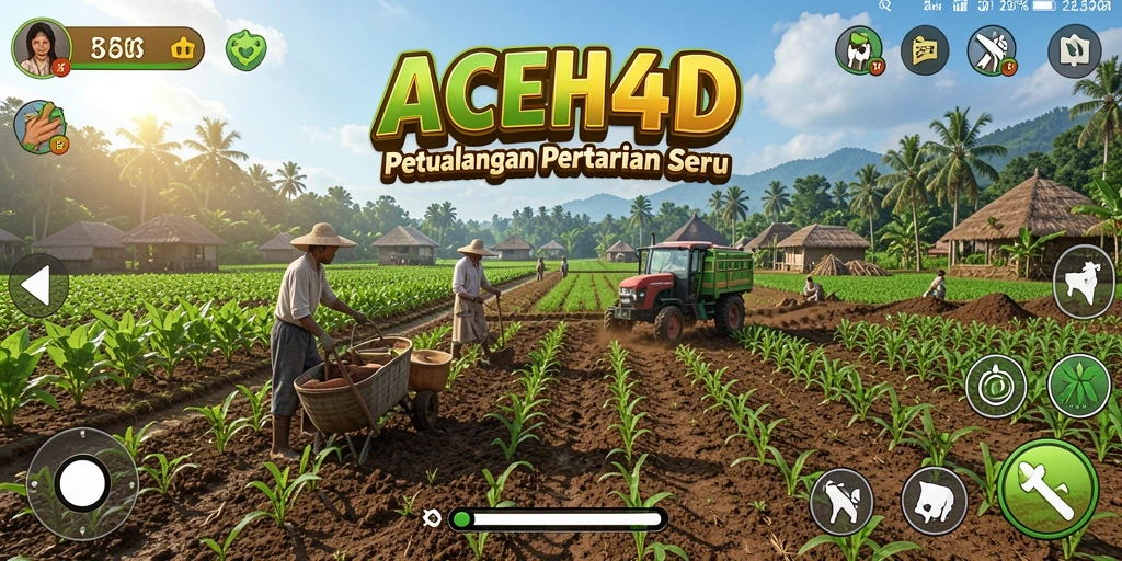 Screenshot gameplay ACEH4D menampilkan kebun yang hijau dan hewan ternak.
