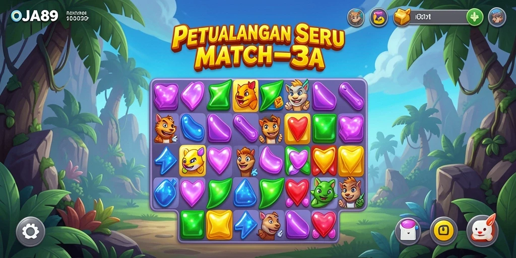 Screenshot gameplay OJA89 menampilkan mencocokkan permata berwarna.