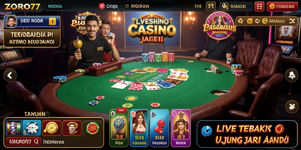 Tampilan gameplay ZORO77 dengan dealer profesional dan permainan Live Casino yang menarik.
